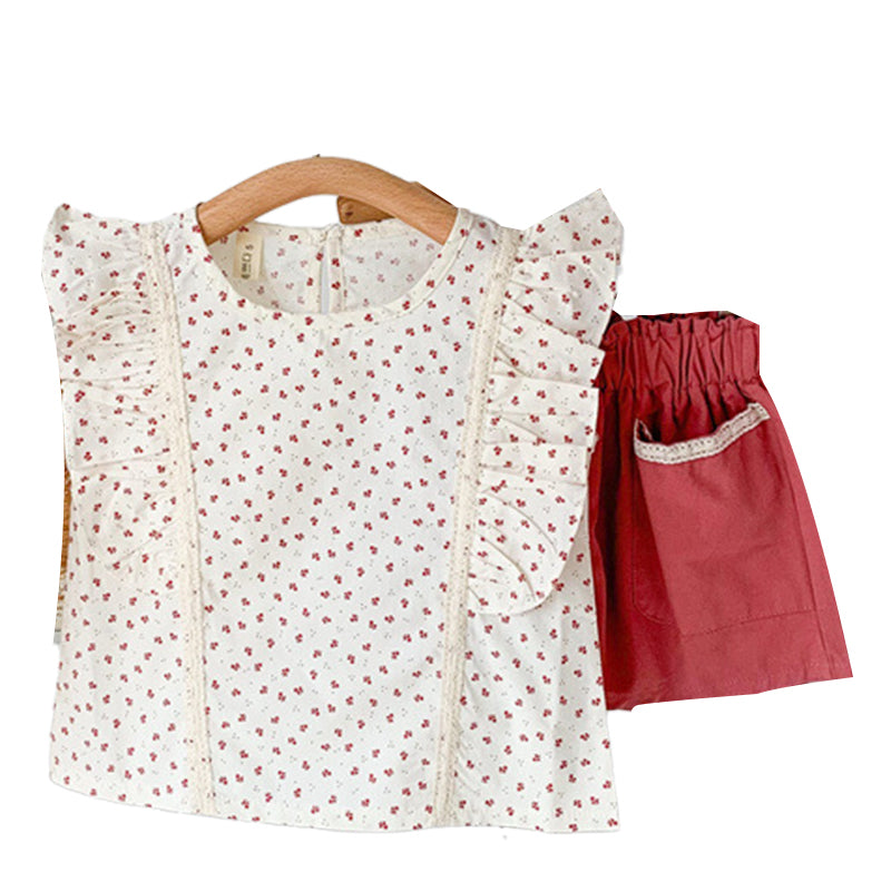 2 Pieces Set Baby Kid Girls Flower Print Tops And Color-blocking Shorts Wholesale 220328428