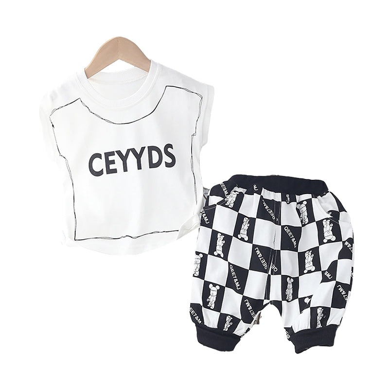 2 Pieces Set Baby Kid Boys Solid Color T-Shirts And Checked Shorts Wholesale 220328488