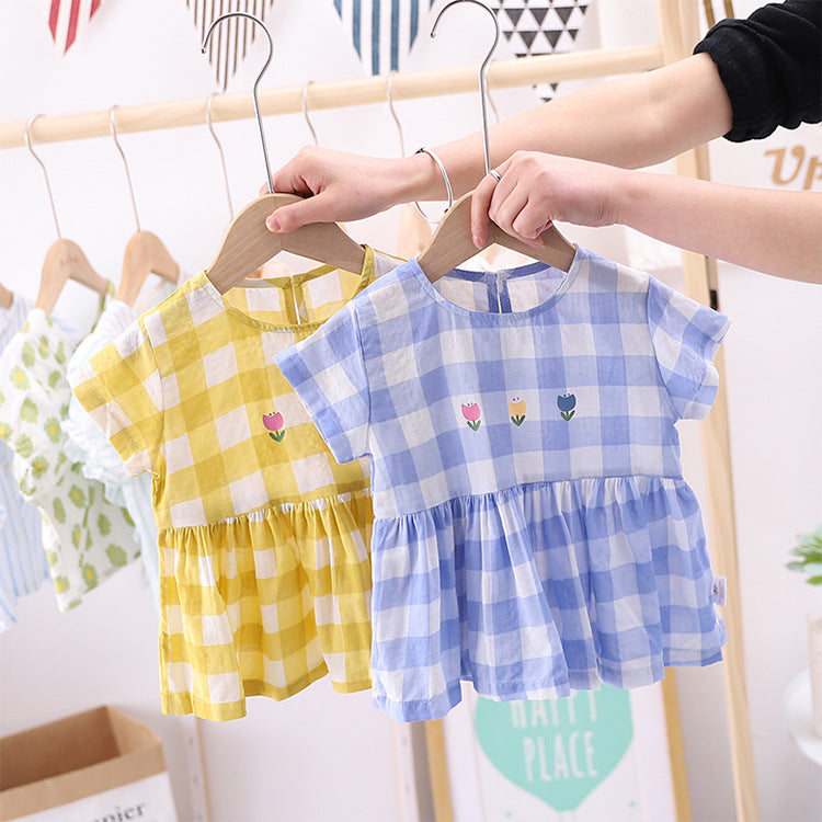 Baby Kid Girls Flower Checked Print Tops Wholesale 22032871