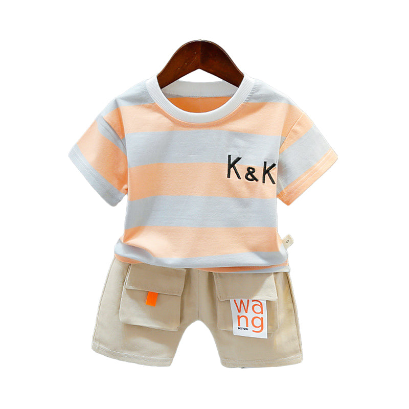 2 Pieces Set Baby Kid Boys Color-blocking Embroidered T-Shirts And Letters Shorts Wholesale 22032880