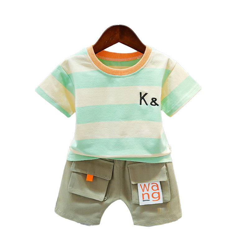 2 Pieces Set Baby Kid Boys Color-blocking Embroidered T-Shirts And Letters Shorts Wholesale 22032880