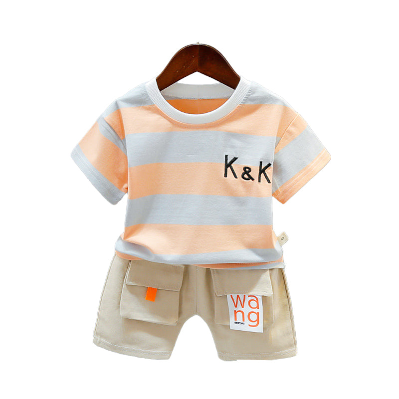 2 Pieces Set Baby Kid Boys Color-blocking Embroidered T-Shirts And Letters Shorts Wholesale 22032882