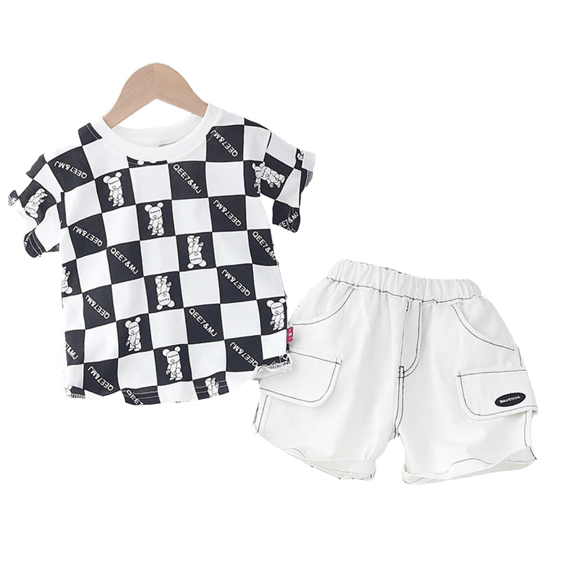 2 Pieces Set Baby Kid Unisex Letters Checked Cartoon Expression Print T-Shirts And Shorts Wholesale 22032889