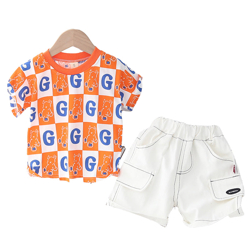 2 Pieces Set Baby Kid Unisex Letters Checked Cartoon Expression Print T-Shirts And Shorts Wholesale 22032889