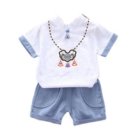Load image into Gallery viewer, 2 Pieces Set Baby Kid Boys Cartoon Print Tops And Striped Solid Color Shorts Wholesale 220330115
