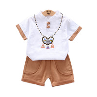 Load image into Gallery viewer, 2 Pieces Set Baby Kid Boys Cartoon Print Tops And Striped Solid Color Shorts Wholesale 220330115
