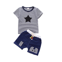 Load image into Gallery viewer, 2 Pieces Set Baby Kid Boys Cartoon Print Tops And Striped Solid Color Shorts Wholesale 220330115
