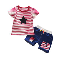 Load image into Gallery viewer, 2 Pieces Set Baby Kid Boys Cartoon Print Tops And Striped Solid Color Shorts Wholesale 220330115
