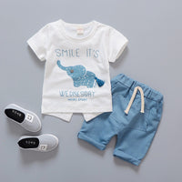 Load image into Gallery viewer, 2 Pieces Set Baby Kid Boys Cartoon Print Tops And Striped Solid Color Shorts Wholesale 220330115
