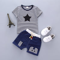 Load image into Gallery viewer, 2 Pieces Set Baby Kid Boys Cartoon Print Tops And Striped Solid Color Shorts Wholesale 220330115
