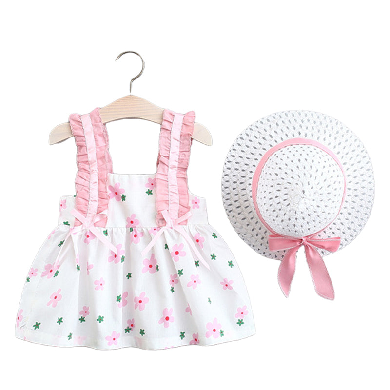 Baby Kid Girls Flower Cartoon Print Dresses And Hats Wholesale 220330120