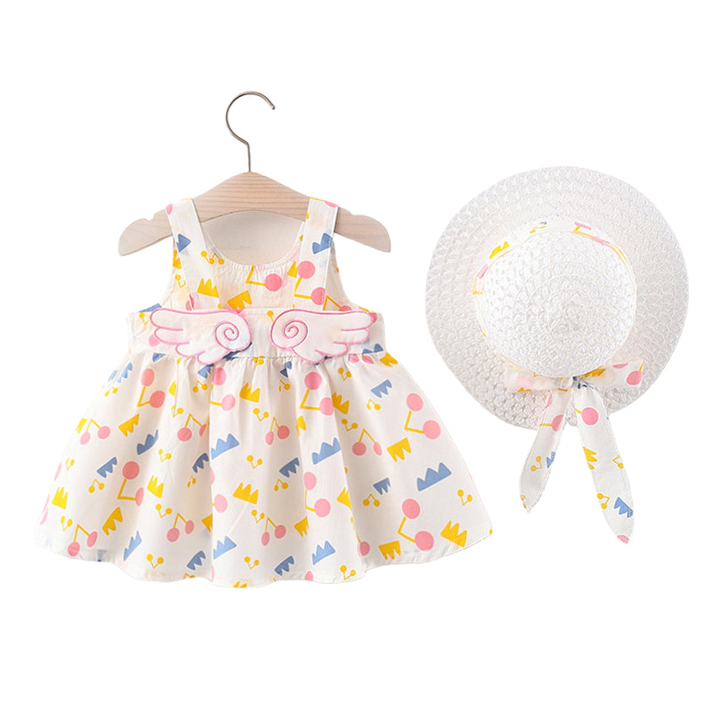 Baby Kid Girls Flower Polka dots Cartoon Print Dresses And Hats Wholesale 220330140
