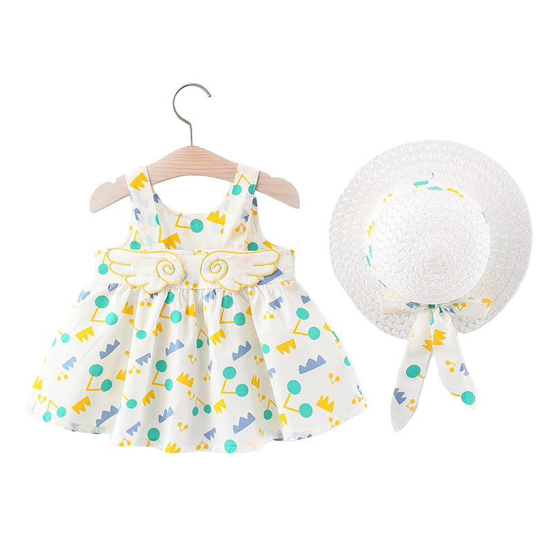 Baby Kid Girls Flower Polka dots Cartoon Print Dresses And Hats Wholesale 220330140