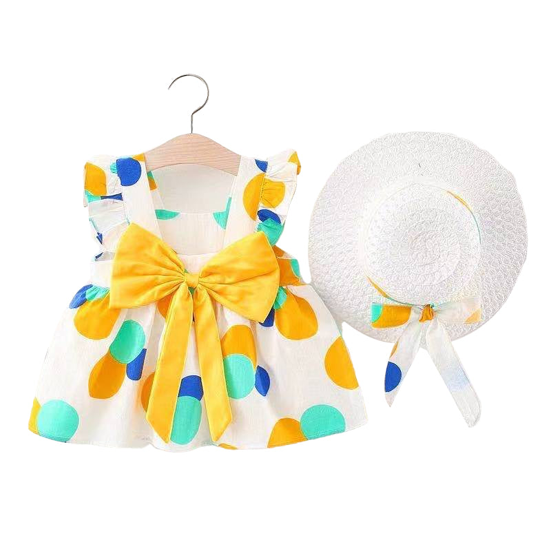 Baby Kid Girls Polka dots Bow Print Dresses And Hats Wholesale 220330143