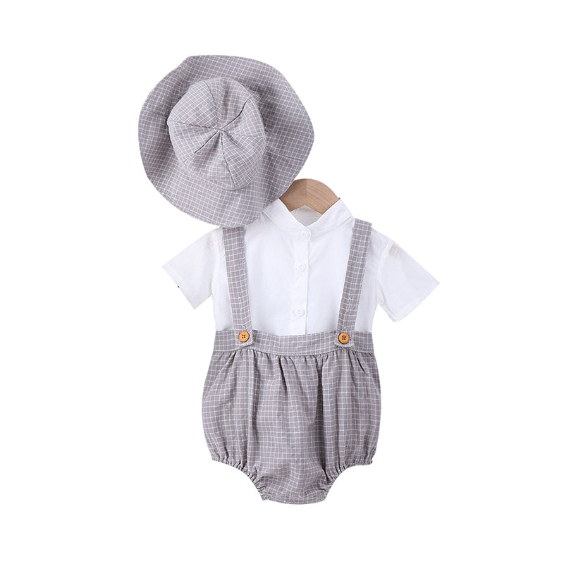 3 Pieces Set Baby Unisex Checked Hats Solid Color Shirts And Rompers Wholesale 220330168