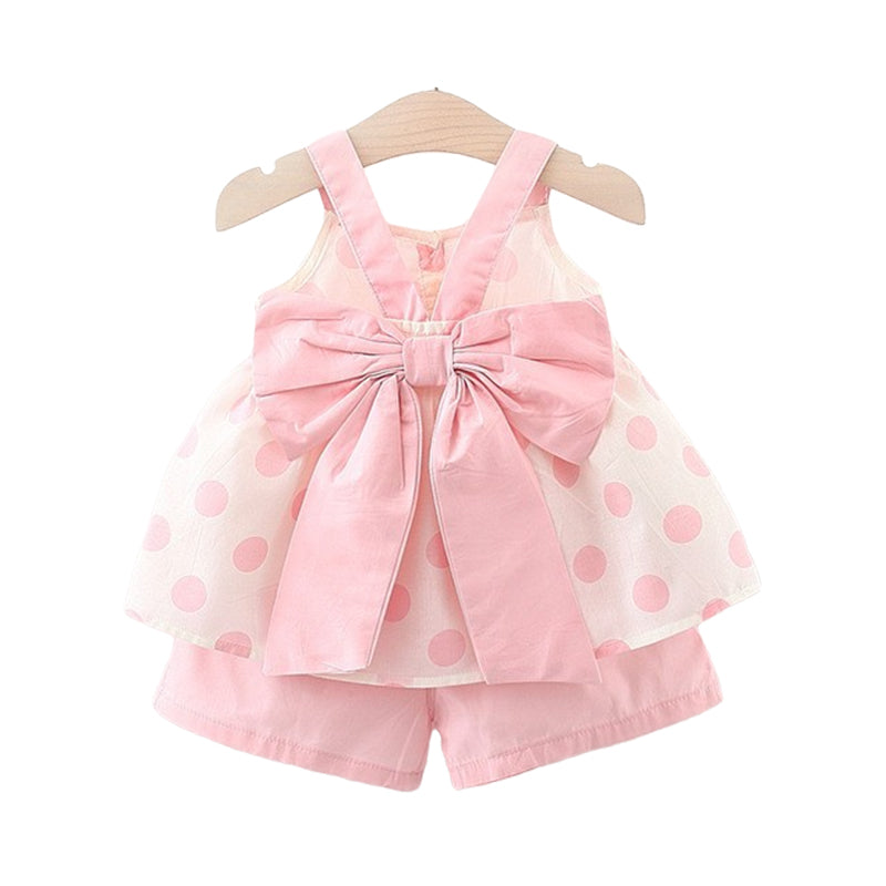 2 Pieces Set Baby Kid Girls Polka dots Bow Dresses And Solid Color Shorts Wholesale 22033017