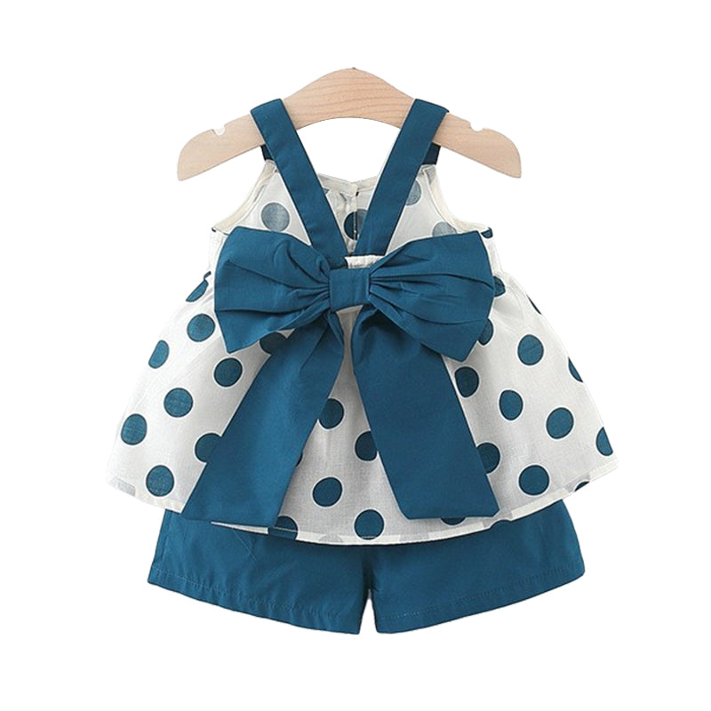 2 Pieces Set Baby Kid Girls Polka dots Bow Dresses And Solid Color Shorts Wholesale 22033017