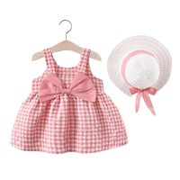 Load image into Gallery viewer, 2 Pieces Set Baby Girls Bow Hats And Checked Dresses Wholesale 220330174
