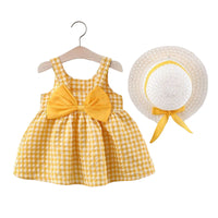 Load image into Gallery viewer, 2 Pieces Set Baby Girls Bow Hats And Checked Dresses Wholesale 220330174
