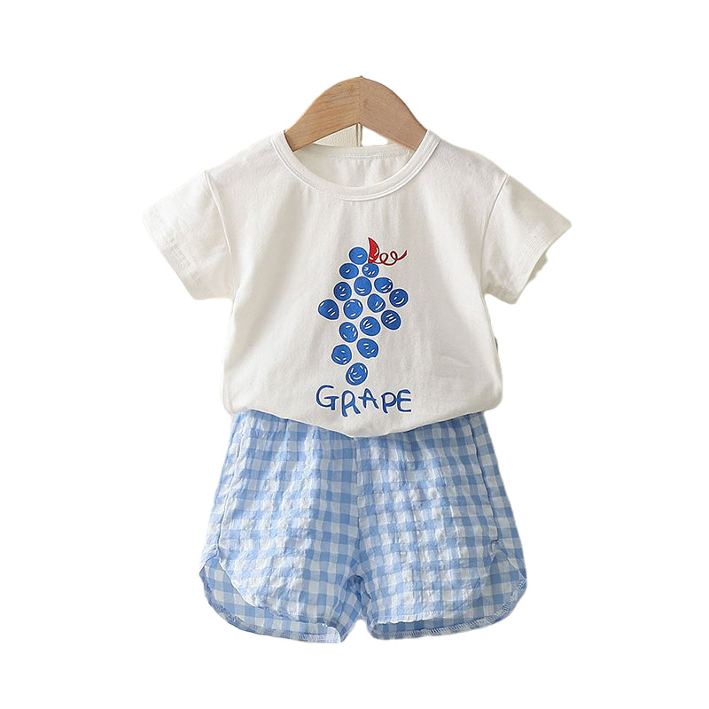 2 Pieces Set Baby Kid Girls Fruit Print T-Shirts And Checked Shorts Wholesale 220330192