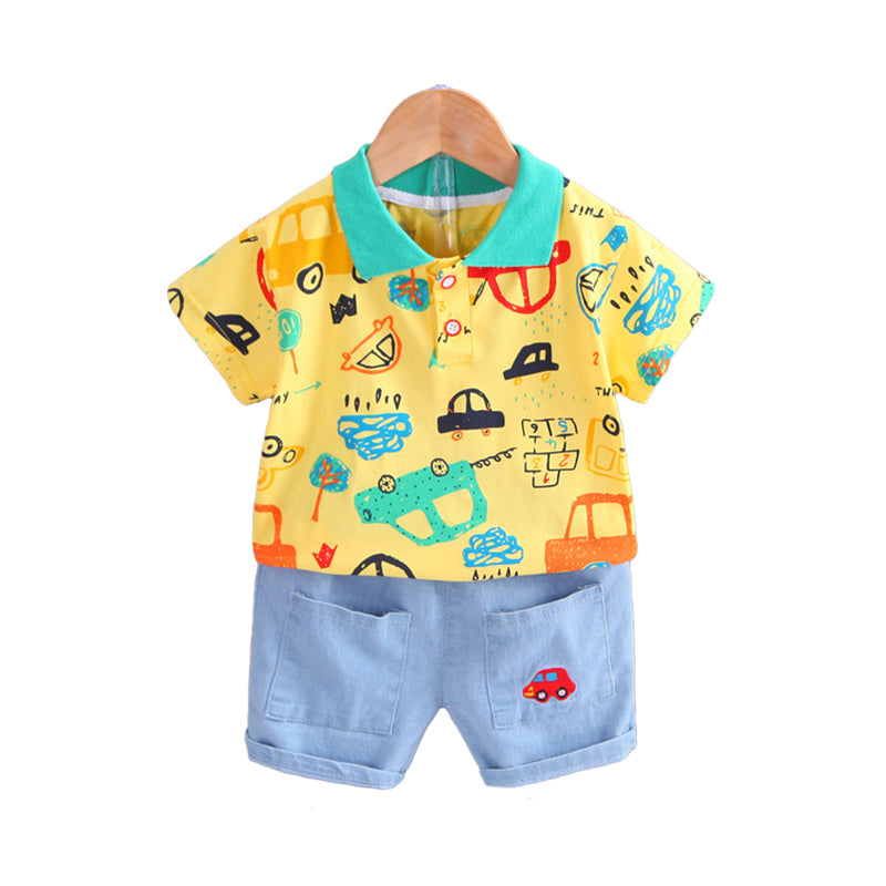 2 Pieces Set Baby Kid Boys Cartoon Polo Shirts And Solid Color Shorts Wholesale 220330222