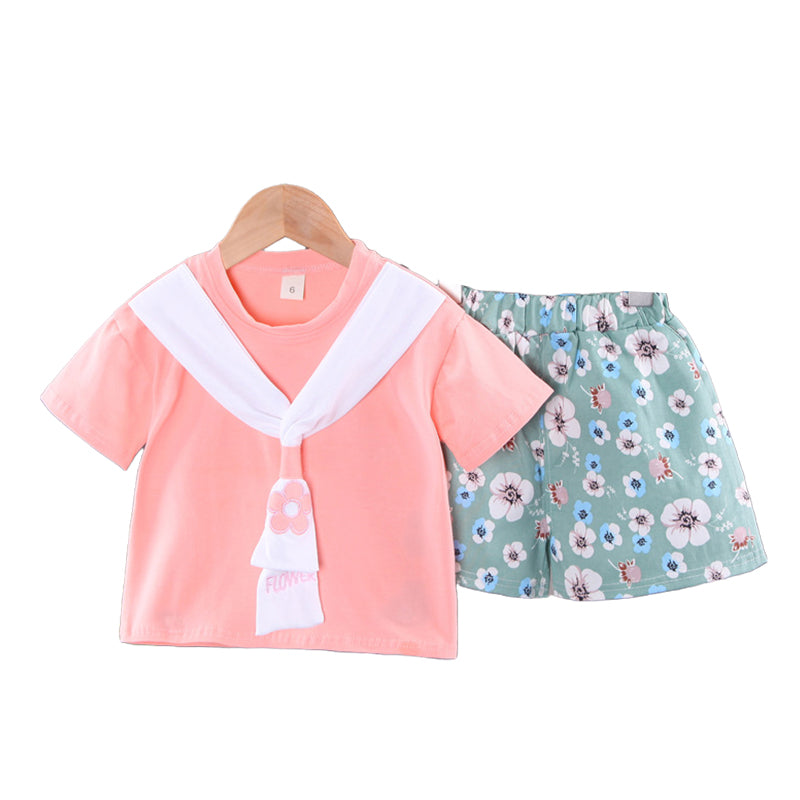2 Pieces Set Baby Kid Girls Solid Color Print Tops And Flower Shorts Wholesale 220330283