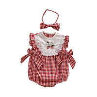 Load image into Gallery viewer, Baby Girls Checked Bow Lace Embroidered Rompers Wholesale 220330292
