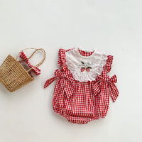 Load image into Gallery viewer, Baby Girls Checked Bow Lace Embroidered Rompers Wholesale 220330292
