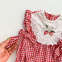 Load image into Gallery viewer, Baby Girls Checked Bow Lace Embroidered Rompers Wholesale 220330292
