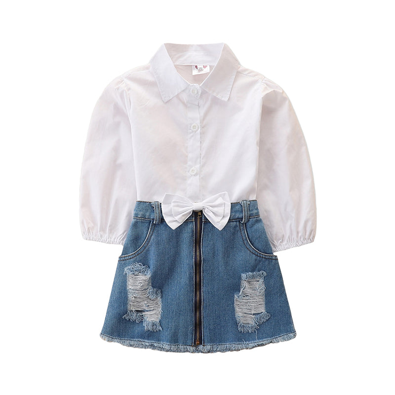 2 Pieces Set Baby Kid Girls Solid Color Bow Shirts And Ripped Skirts Wholesale 220330314