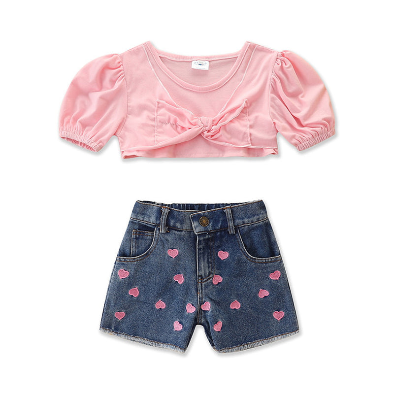 2 Pieces Set Baby Kid Girls Solid Color Bow Tops And Love heart Embroidered Shorts Wholesale 220330335