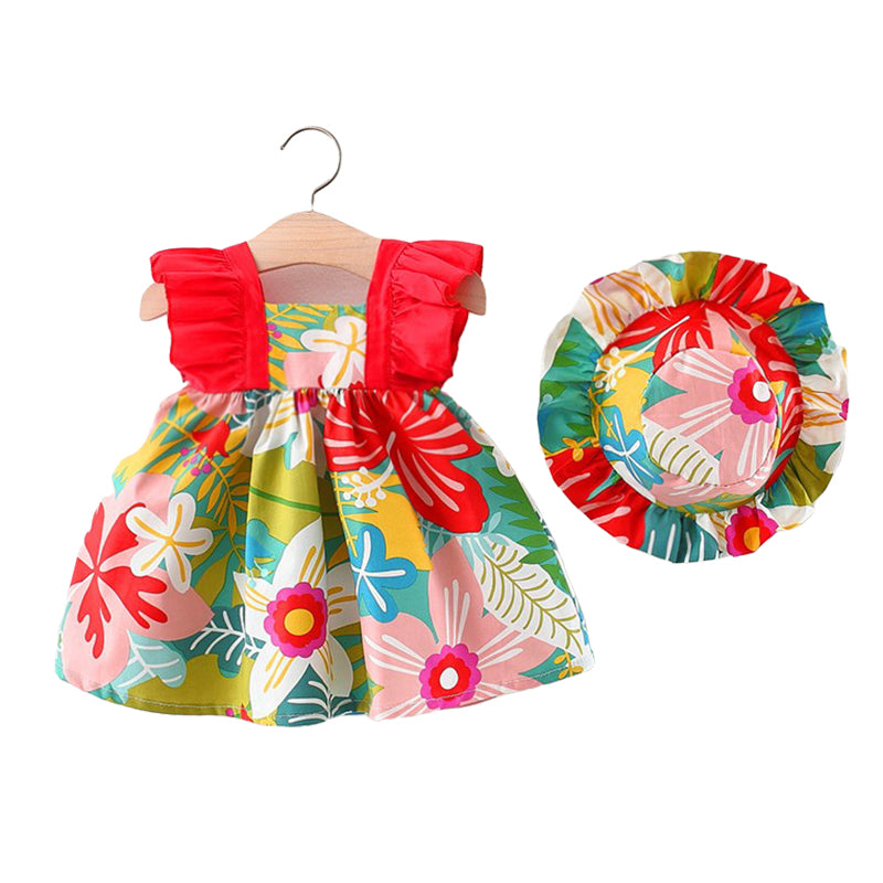 Baby Kid Girls Flower Print Beach Dresses And Hats Wholesale 220330357