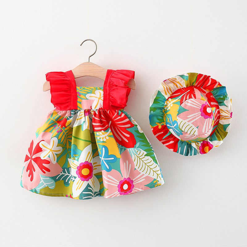 Baby Kid Girls Flower Print Beach Dresses And Hats Wholesale 220330357