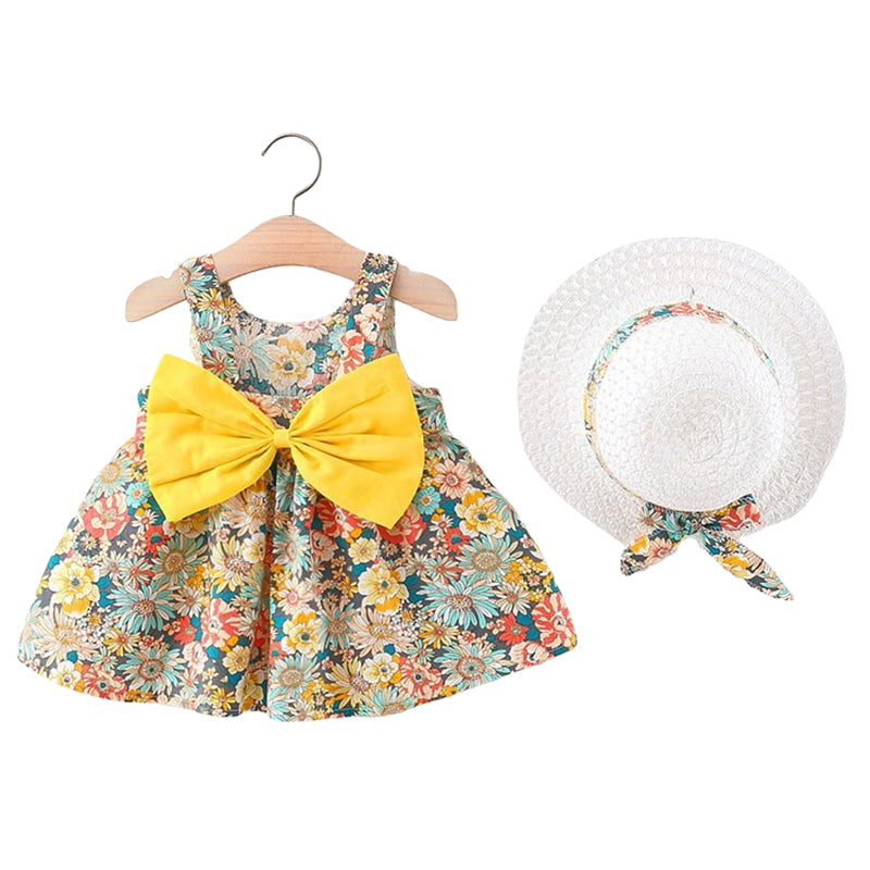 Baby Girls Flower Bow Print Beach Dresses And Accessories Hats Wholesale 220330367