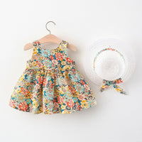 Load image into Gallery viewer, Baby Girls Flower Bow Print Beach Dresses And Accessories Hats Wholesale 220330367
