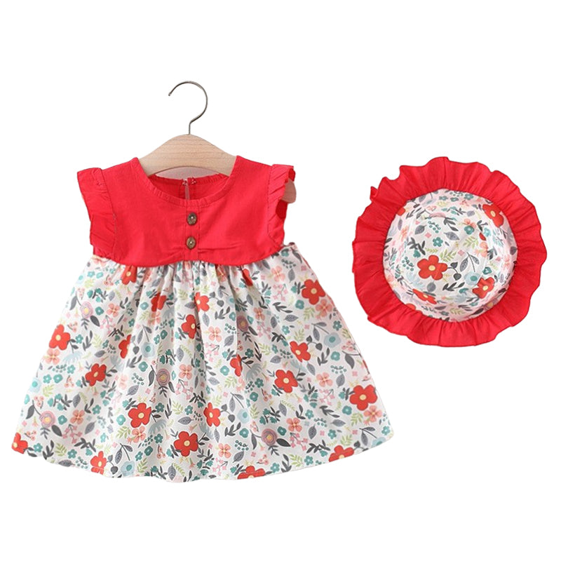 Baby Girls Flower Print Dresses And Accessories Hats Wholesale 220330369