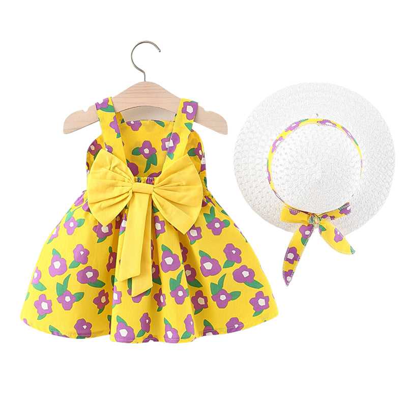 Baby Girls Flower Bow Print Dresses And Accessories Hats Wholesale 220330370