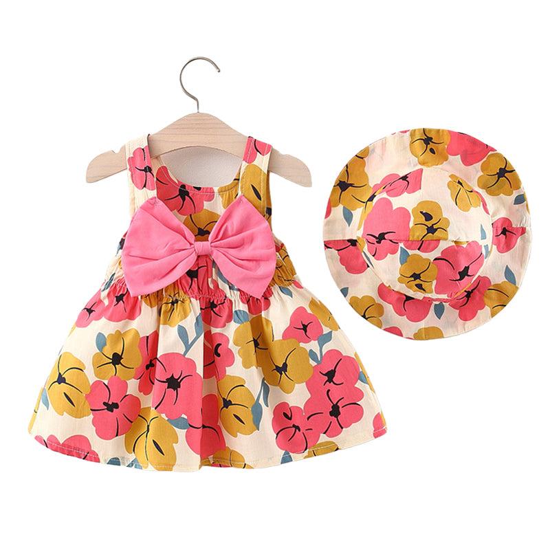 Baby Girls Flower Bow Print Dresses And Accessories Hats Wholesale 220330373