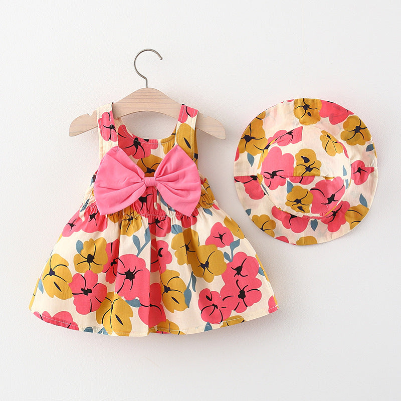 Baby Girls Flower Bow Print Dresses And Accessories Hats Wholesale 220330373