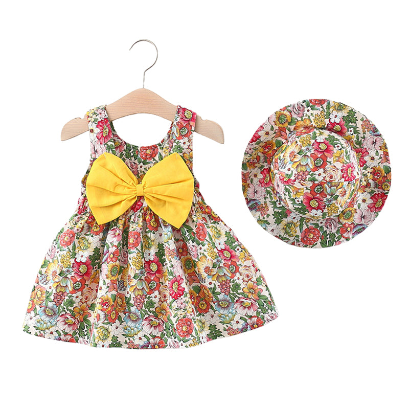 Baby Kid Girls Flower Bow Print Dresses And Hats Wholesale 220330388