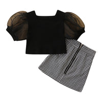 Load image into Gallery viewer, 2 Pieces Set Baby Kid Girls Solid Color Tops And Checked Skirts Wholesale 220330404
