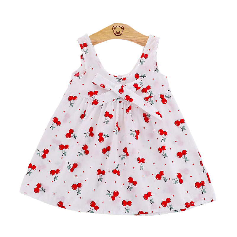 Baby Kid Girls Fruit Polka dots Bow Print Beach Dresses Wholesale 22033041