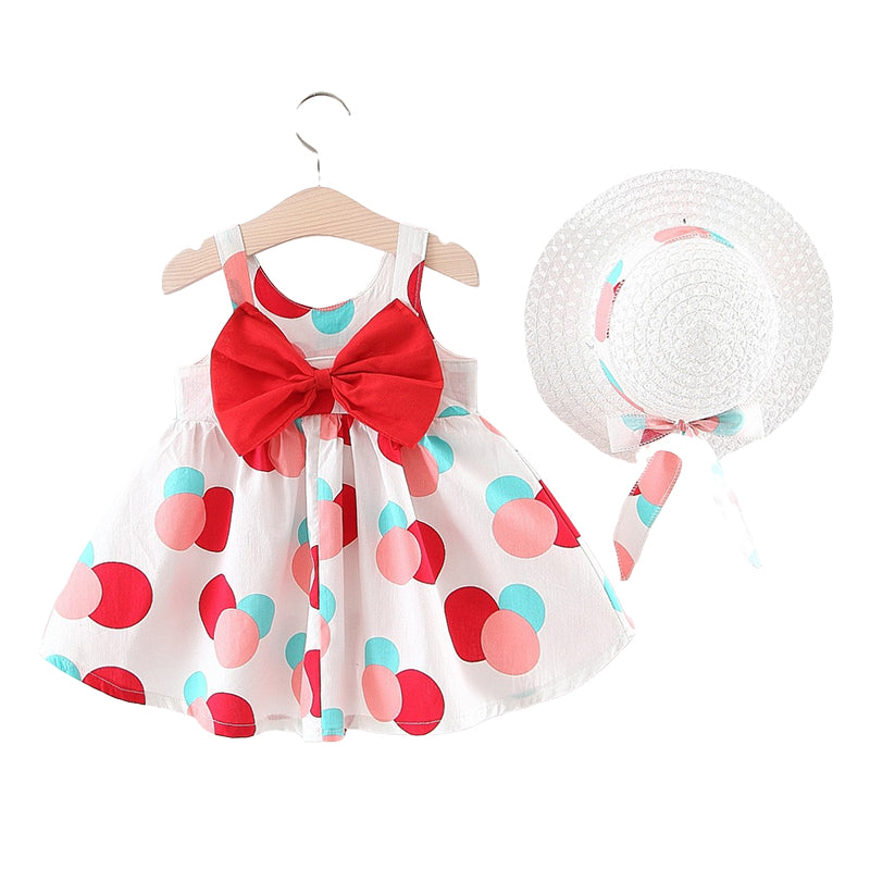 Baby Kid Girls Polka dots Bow Print Dresses Hats Wholesale 220330458
