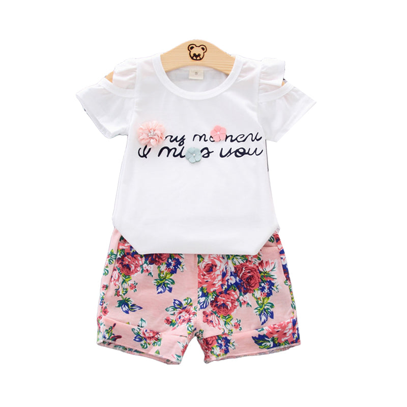 2 Pieces Set Baby Kid Girls Striped Letters Print Tops And Flower Shorts Wholesale 22033049