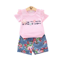 Load image into Gallery viewer, 2 Pieces Set Baby Kid Girls Striped Letters Print Tops And Flower Shorts Wholesale 22033049
