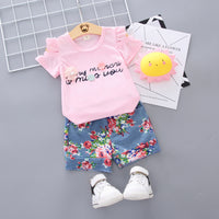 Load image into Gallery viewer, 2 Pieces Set Baby Kid Girls Striped Letters Print Tops And Flower Shorts Wholesale 22033049

