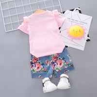 Load image into Gallery viewer, 2 Pieces Set Baby Kid Girls Striped Letters Print Tops And Flower Shorts Wholesale 22033049
