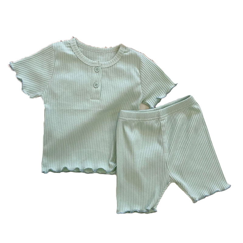 2 Pieces Set Baby Kid Unisex Solid Color Muslin&Ribbed T-Shirts And Shorts Wholesale 220330503