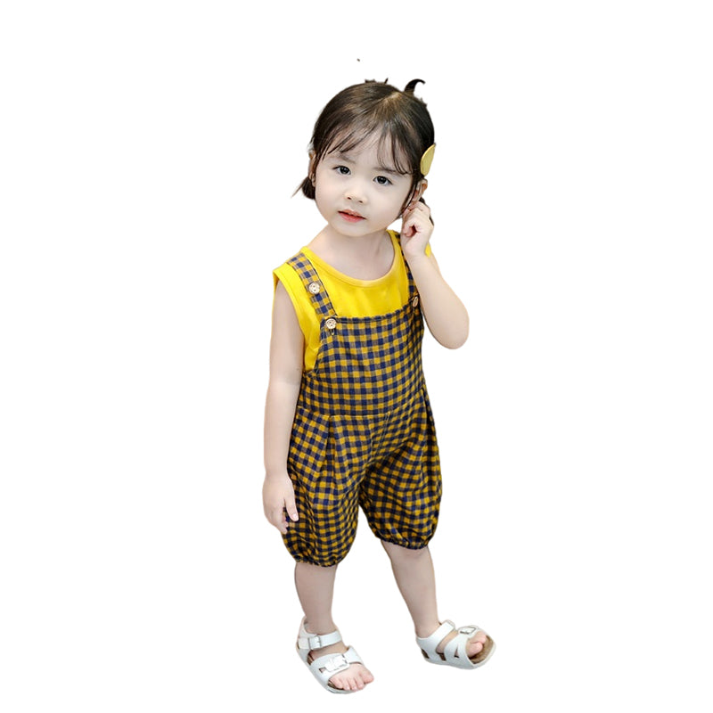 2 Pieces Set Baby Kid Girls Cartoon Print Tops And Checked Rompers Wholesale 22033053