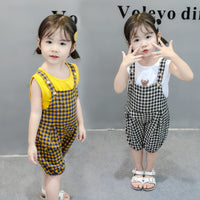 Load image into Gallery viewer, 2 Pieces Set Baby Kid Girls Cartoon Print Tops And Checked Rompers Wholesale 22033053
